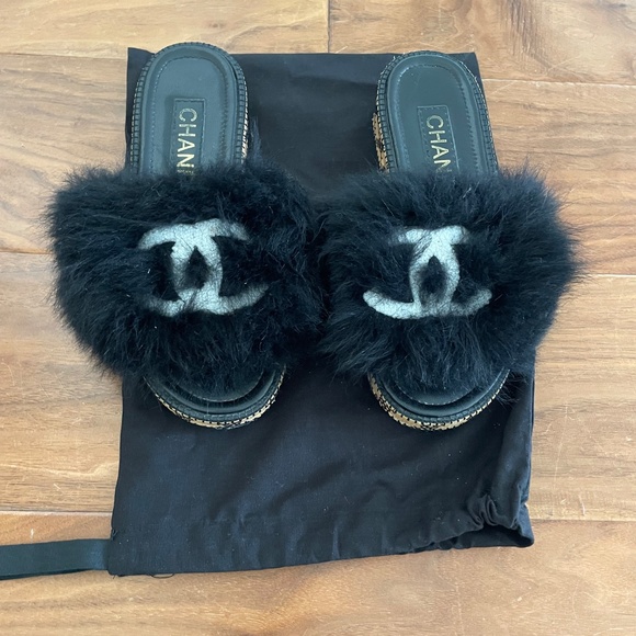 Chanel 2022 Interlocking CC Logo Black Shearling Fur Faux Sandals 36C - Picture 3 of 10